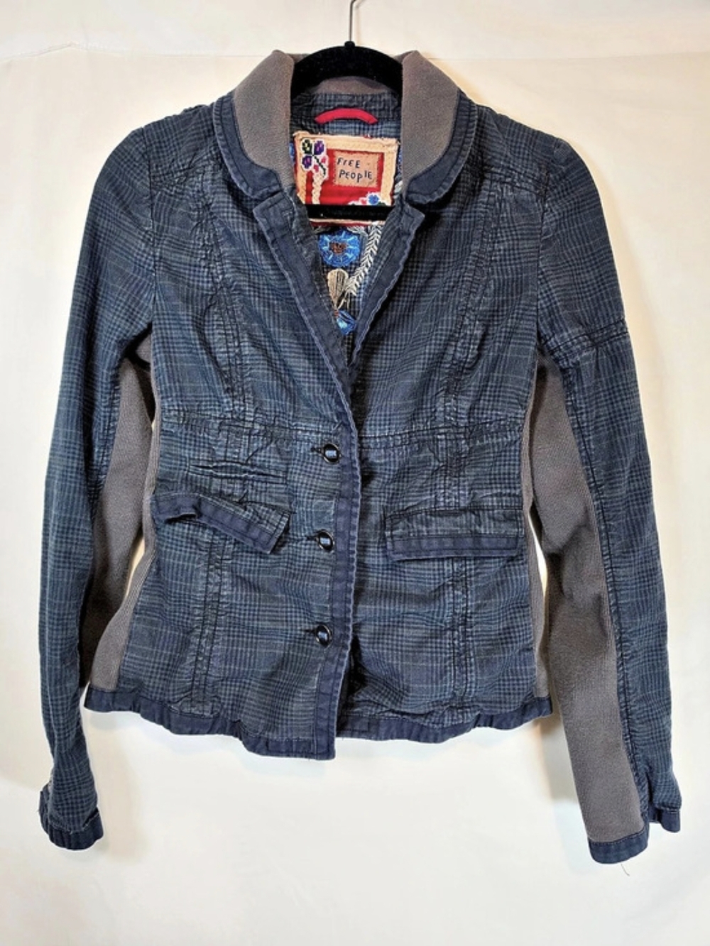 Free People Embroidered Plaid Blazer Blue & Gray Floral Causal